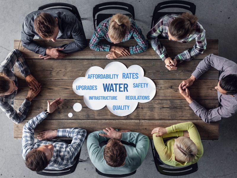 group of people gather at a table to discuss water utility issues in their community