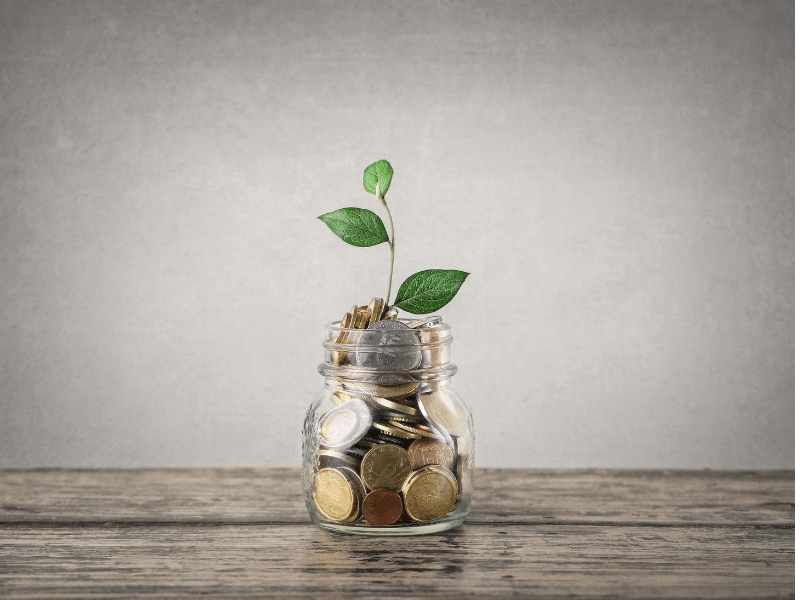 clear jar on wooden table filled with coins with a plant sprouting out of it.