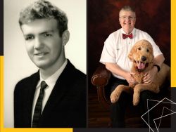 A photo of Sam Yeager's high school portrait and a photo of Dr. Sam Yeager today with his beloved pet dog..