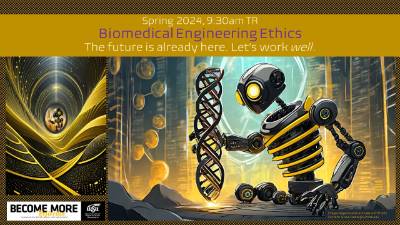Course flyer showing a robot torso holding a strand of DNA and a small robot holding a shock of wheat