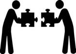cartoon figures facing each other, offering each other a puzzle piece that will fit together