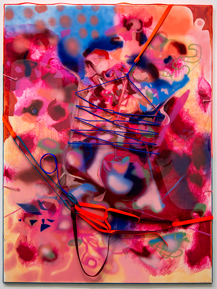 Colorful image of a painting with orange, reds, and some blue along with a stitched up string on top of the canvas.