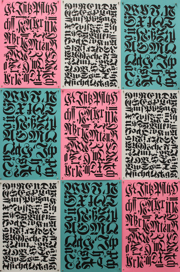 "Blackletter Patchwork," a series of letterpress printed panels on pink, teal, and gray paper.