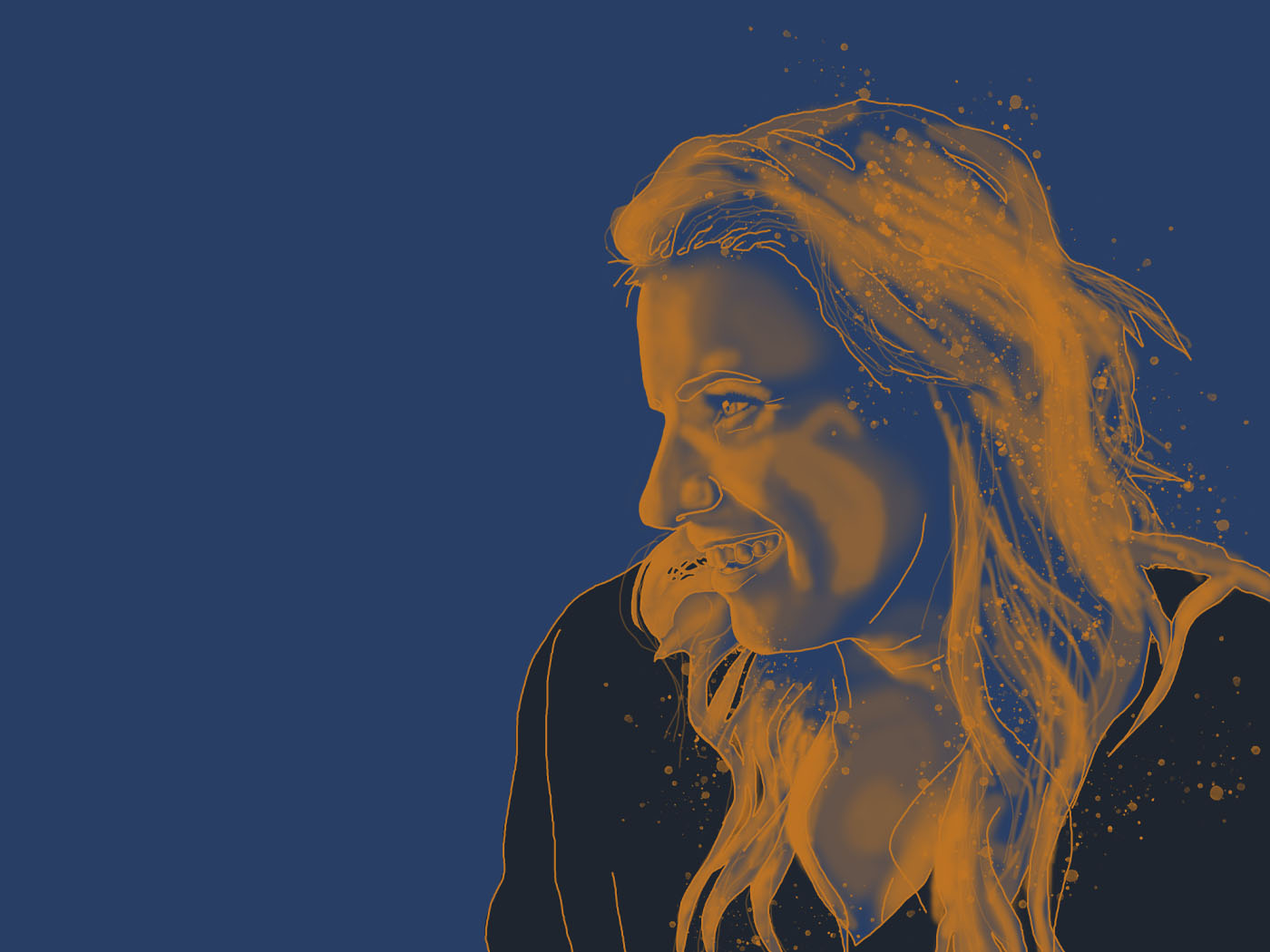 Amy Huser drawn in yellow with a blue background, gleefully looking to her right.