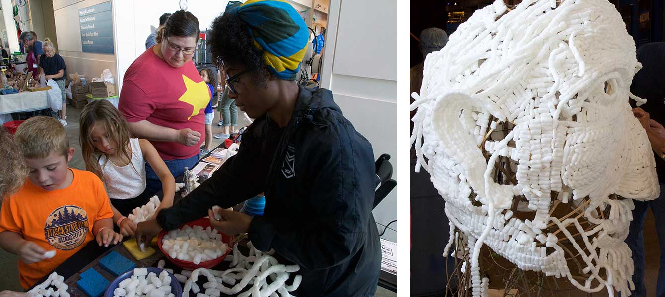 Kelley Fryman and Opal Phillips, studio arts majors and WSU Sculpture Guild members, demonstrate the packing-peanut technique to two children at the Wichita Mini Maker Faire.