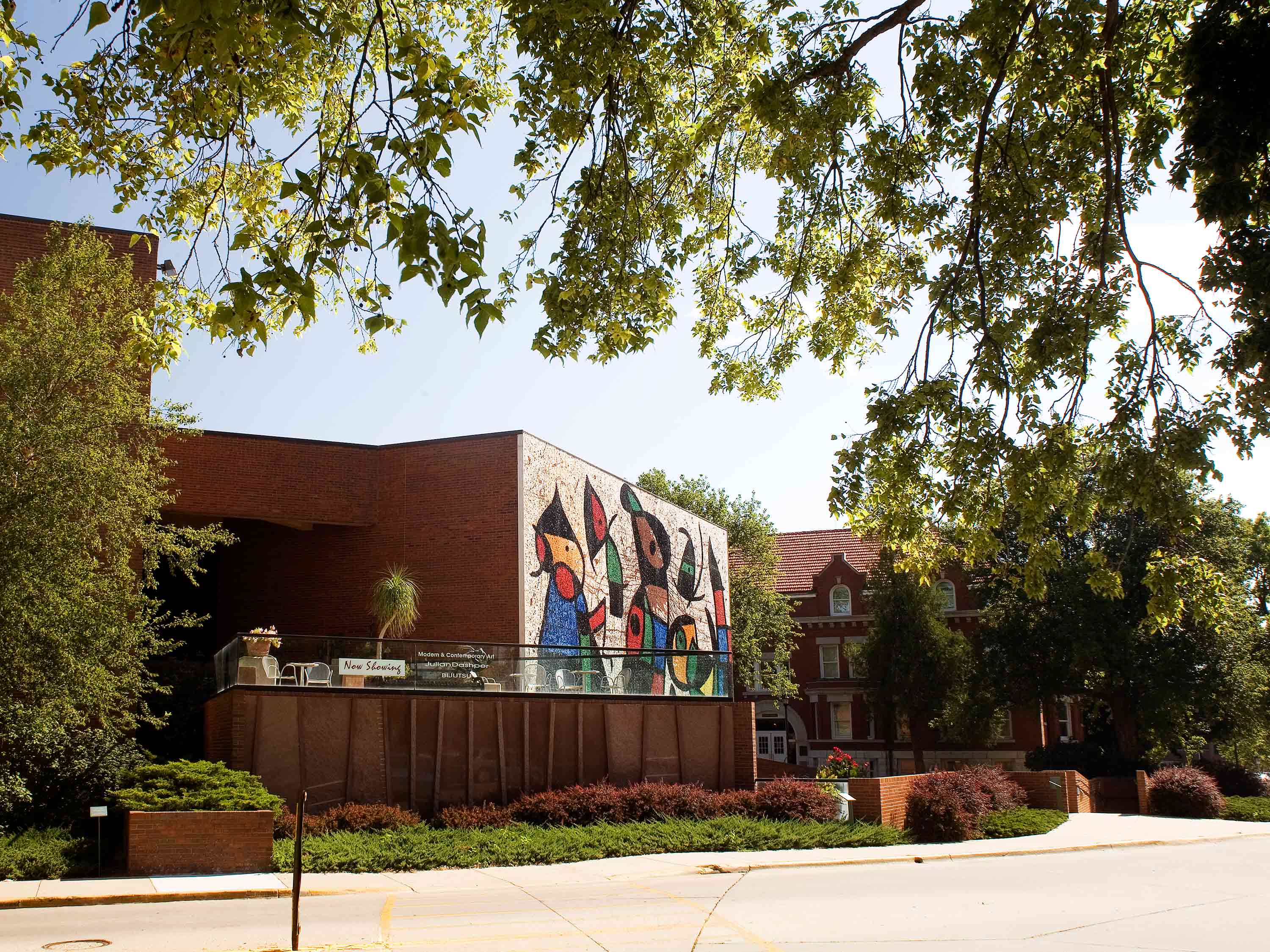 The exterior of the Ulrich Museum of Art, which features a large mosaic by Joan Miro. 
