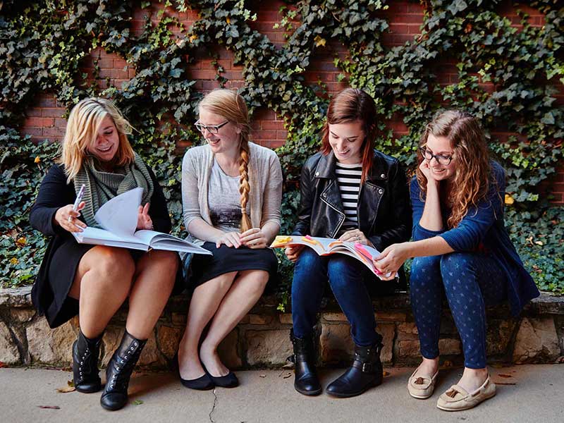 Four students chat and look through textbooks outside the Ulrich Museum of Art