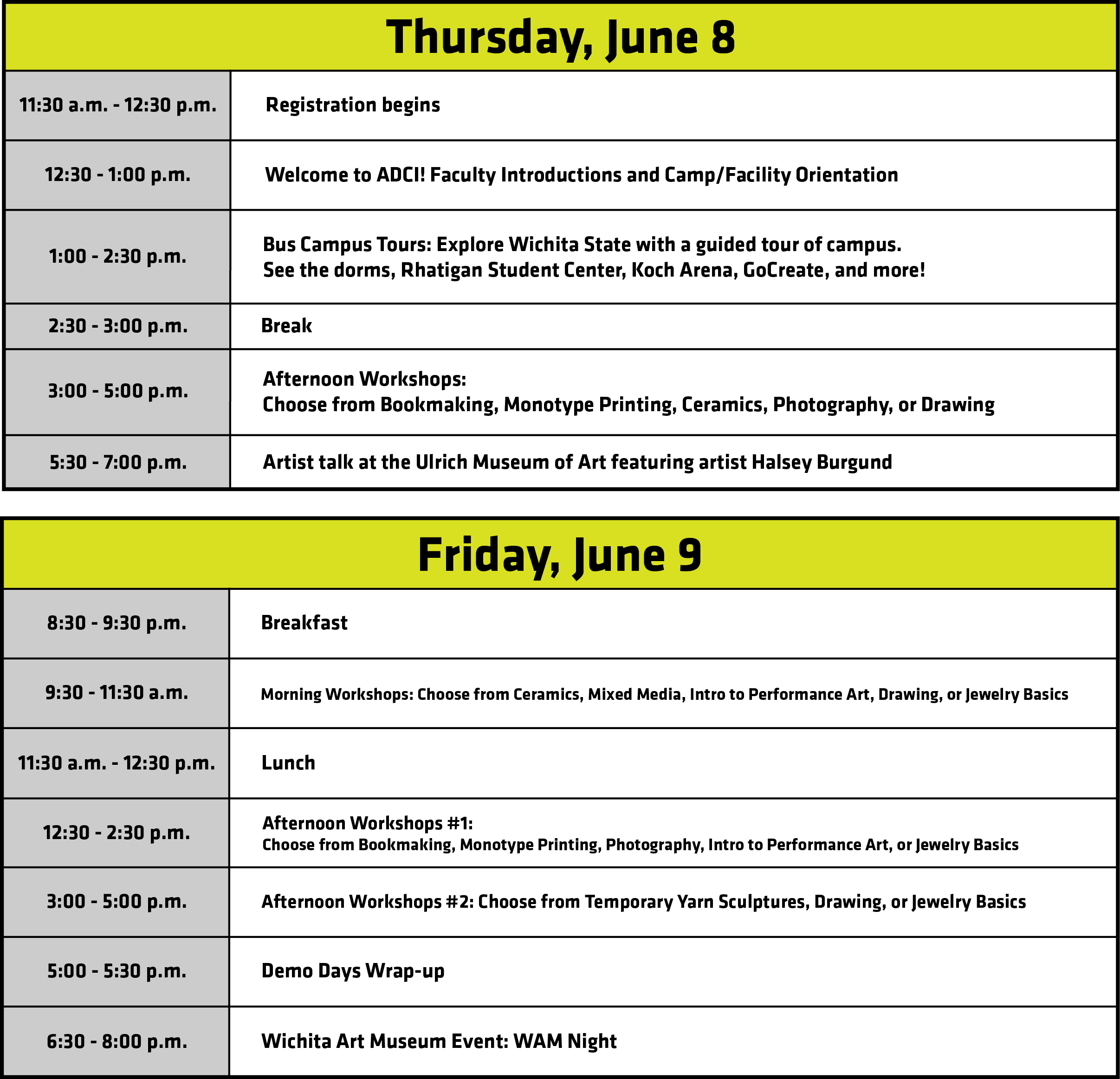 Schedule of Visal Arts Demo Days