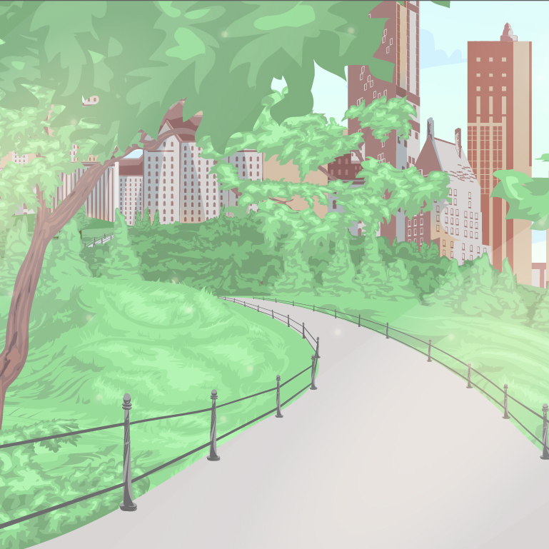 A still image from an animation. The image is of a park scene that is nestled in front of a cityscape in the background. Greenery is the dominant focus of the image, with very little cityscape being present in this still frame.