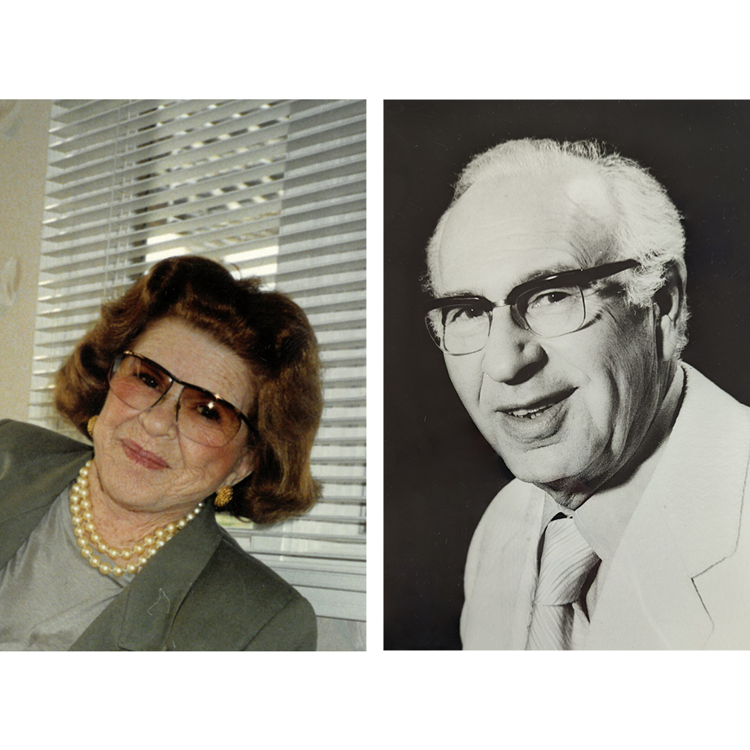 Two portraits of Rie and Sam Bloomfield. Rie is on the left side and Sam is on the right side of the image.