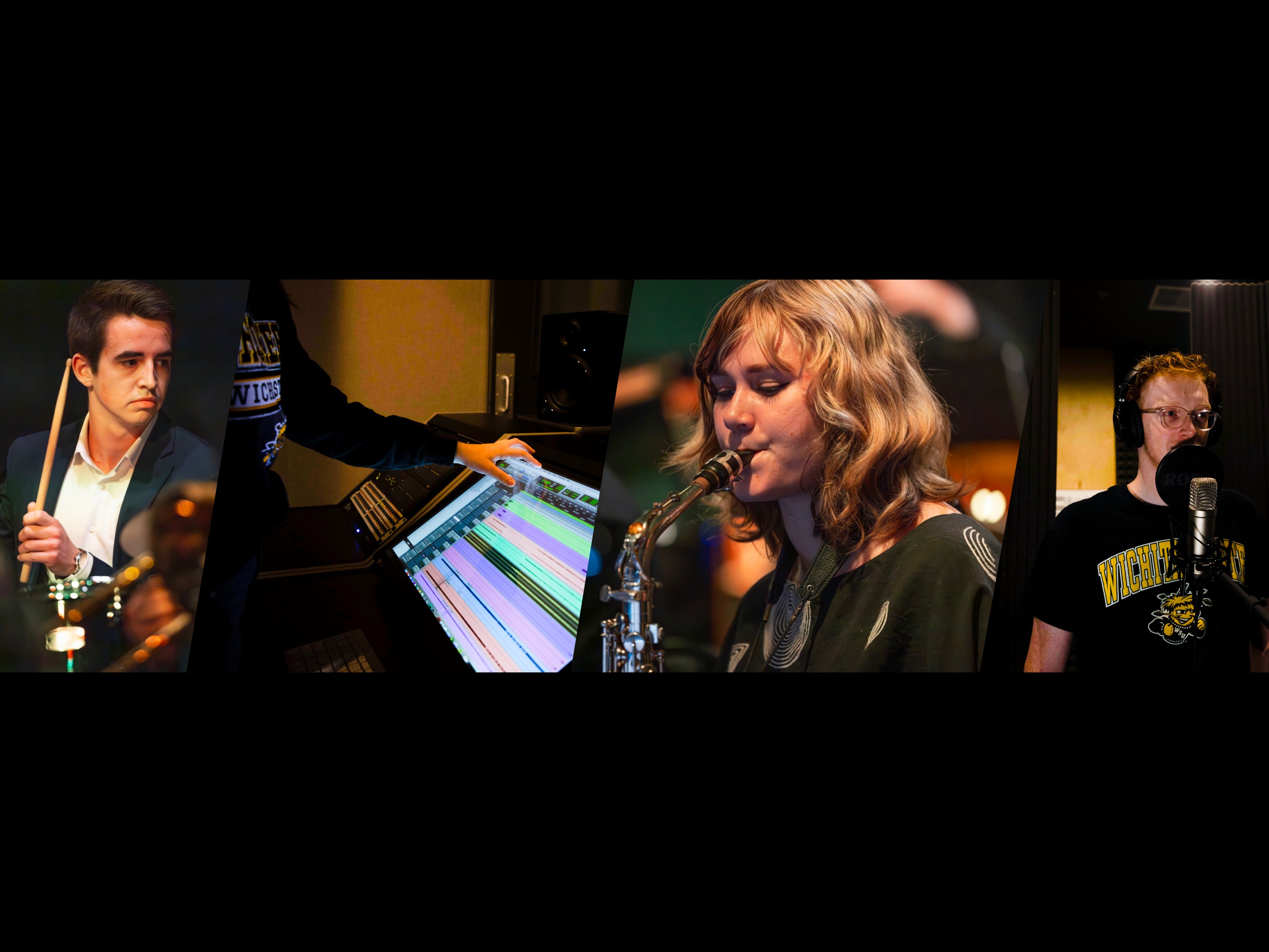 Collage of music students at Wichita State playing instruments, working at an audio booth and recording in a studio.