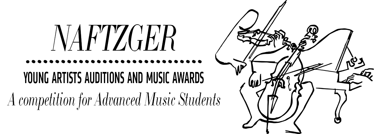 Graphic depicting a loose, line-drawn violinist, cellist and pianist alongside text that states: Naftzger Young Artists Auditions and Music Awards - A competition for advanced music students 