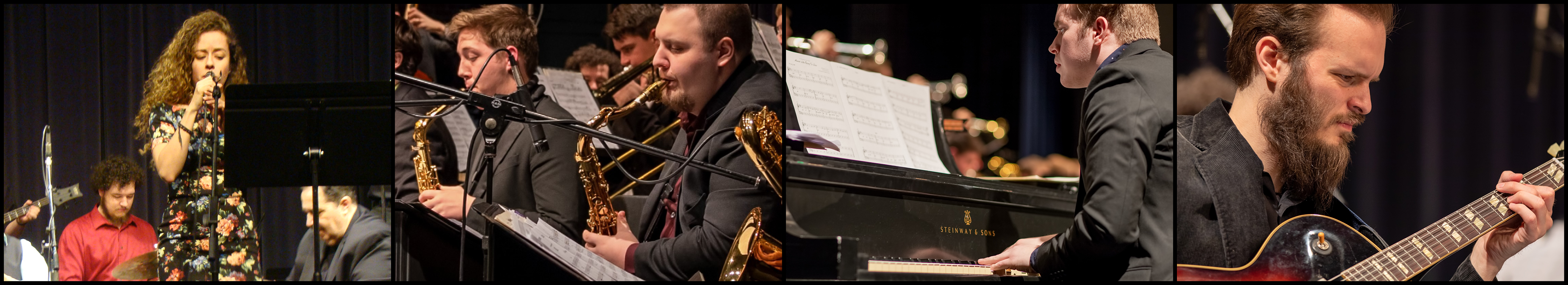 A composite of four images, all of them featuring our jazz ensembles performing.