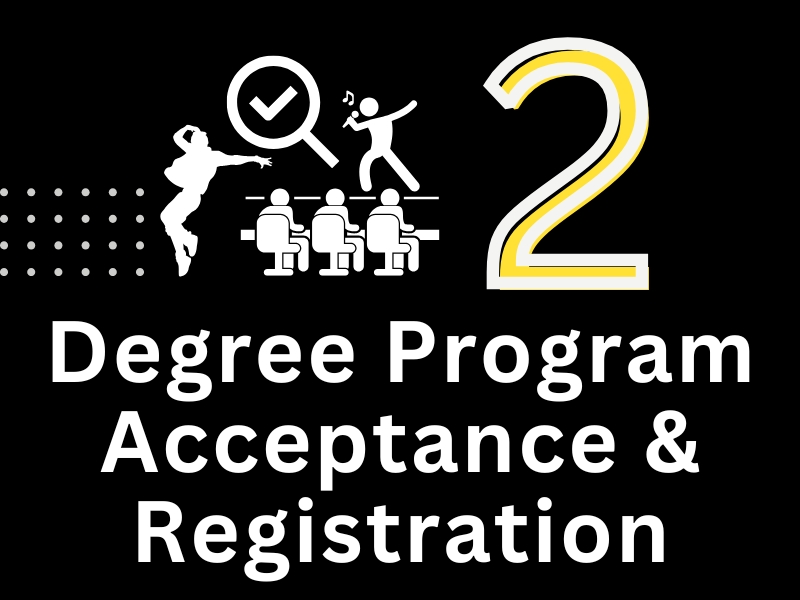 Degree Program Acceptance Registration Step 2 is to register for the degree progam audition, interview, or portfolio review