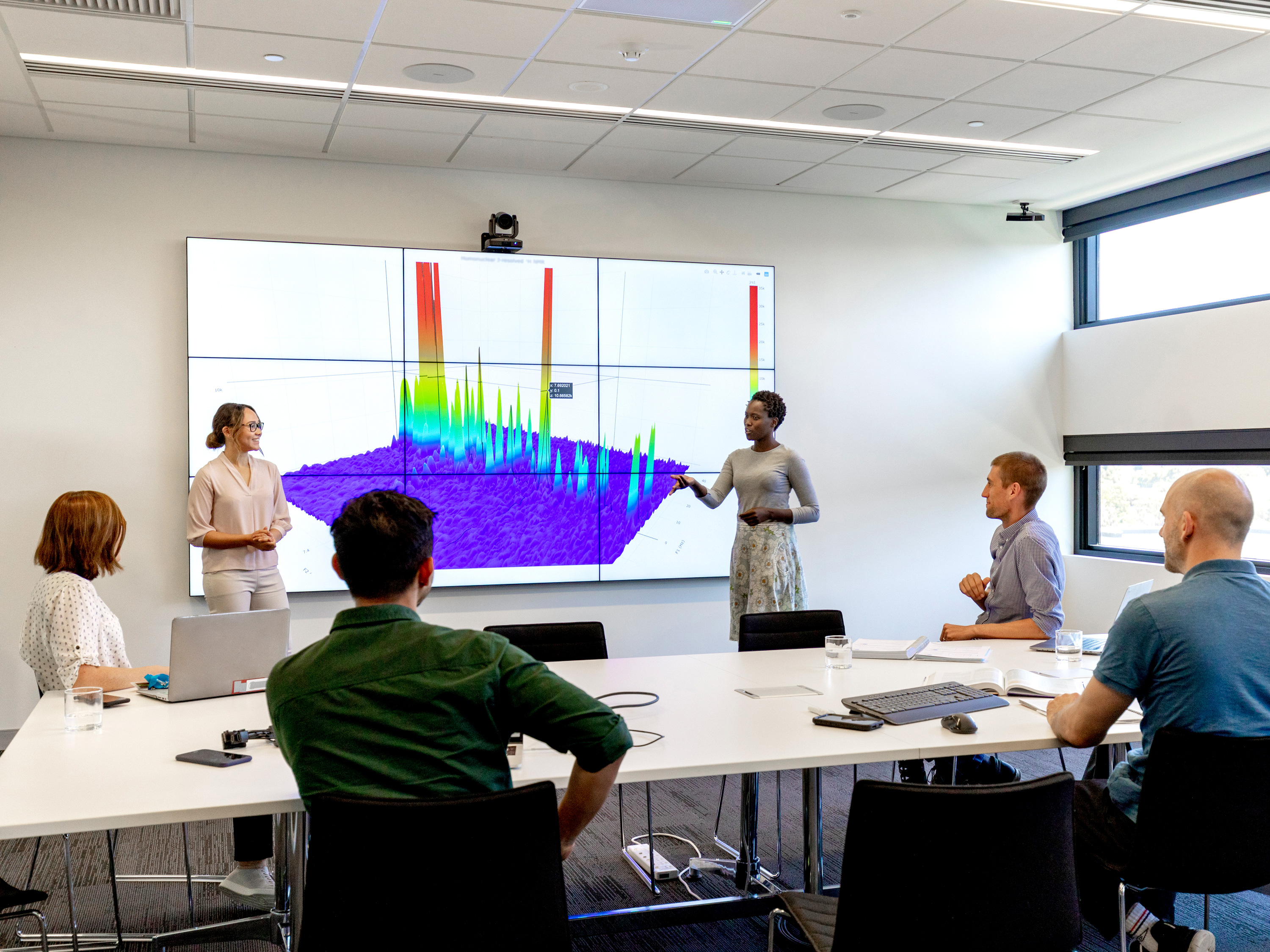 female student presenting analytics visualizations to a group