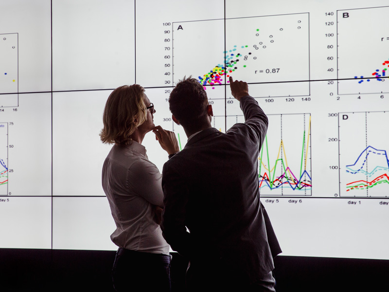 Men studying analytics wall