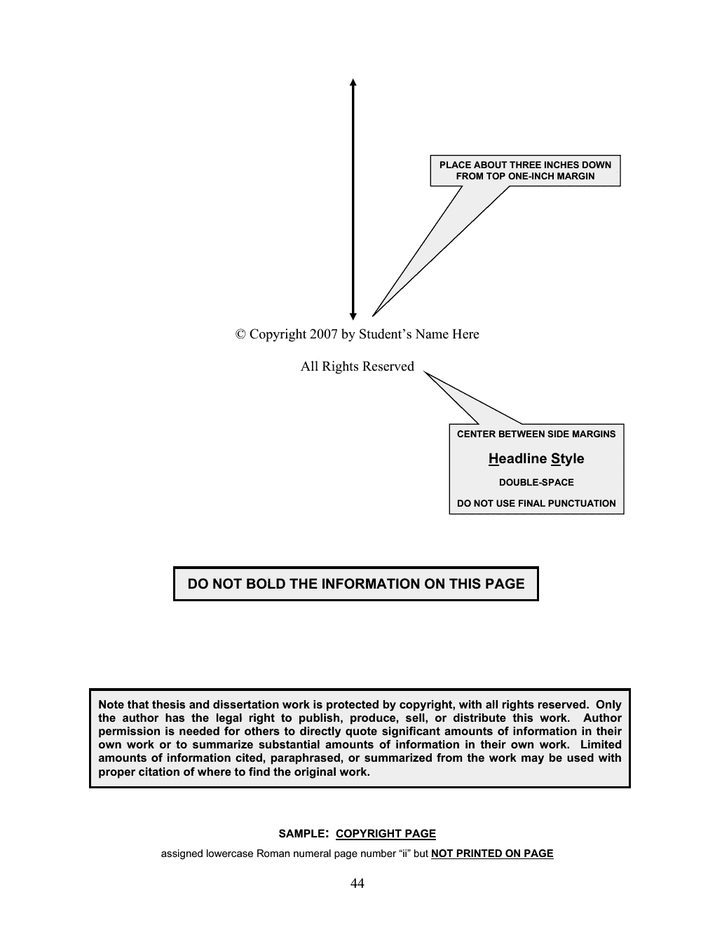 Annotated sample of the Copyright Page with callout instructions; the callouts are listed as text below the image.