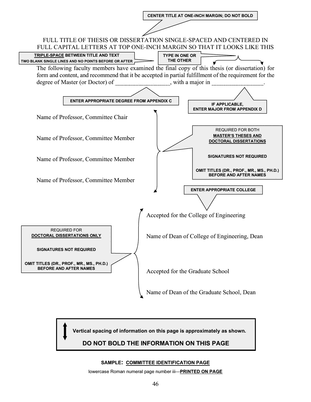 Annotated sample of the Committee Identification Page with callout instructions; the callouts are listed as text below the image.