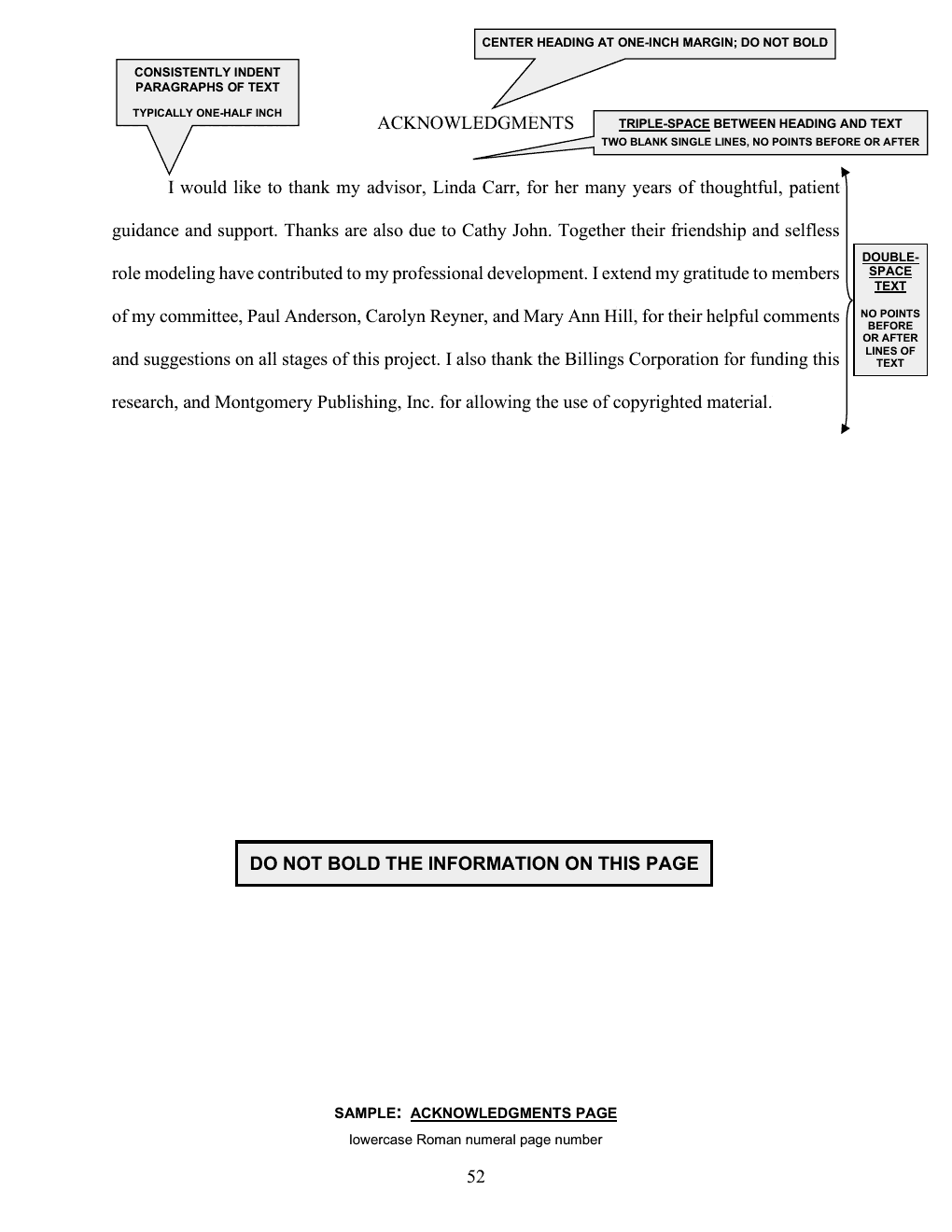 Annotated sample of the Acknowledgments Page with callout instructions; the callouts are listed as text below the image.