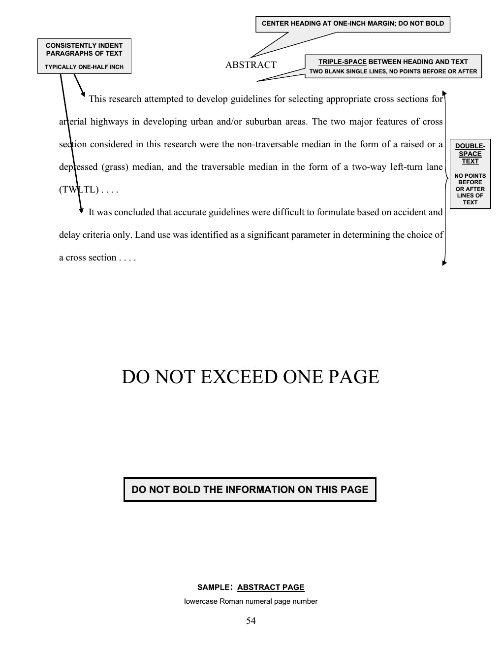 Annotated sample of the Abstract Page with callout instructions; the callouts are listed as text below the image.