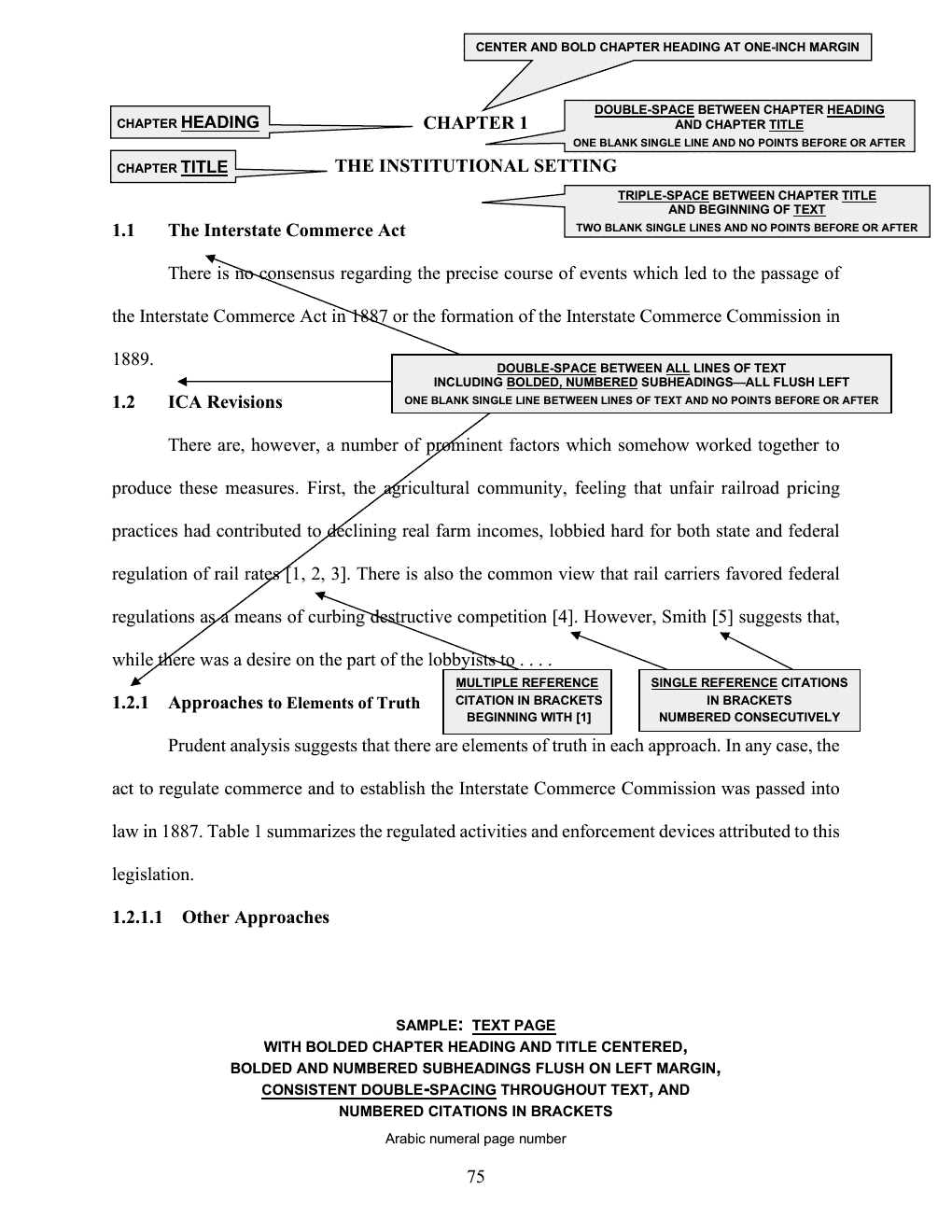 Annotated sample of the Text Page with bolded subheadings with callout instructions; the callouts are listed as text below the image.