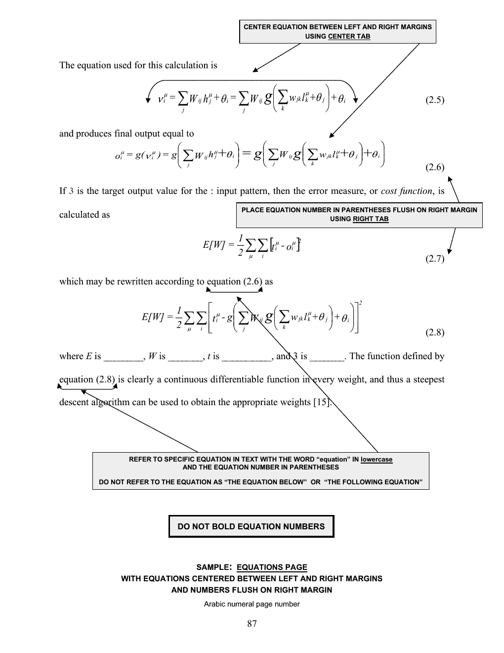 Annotated sample of the Equations Page with callout instructions; the callouts are listed as text below the image.