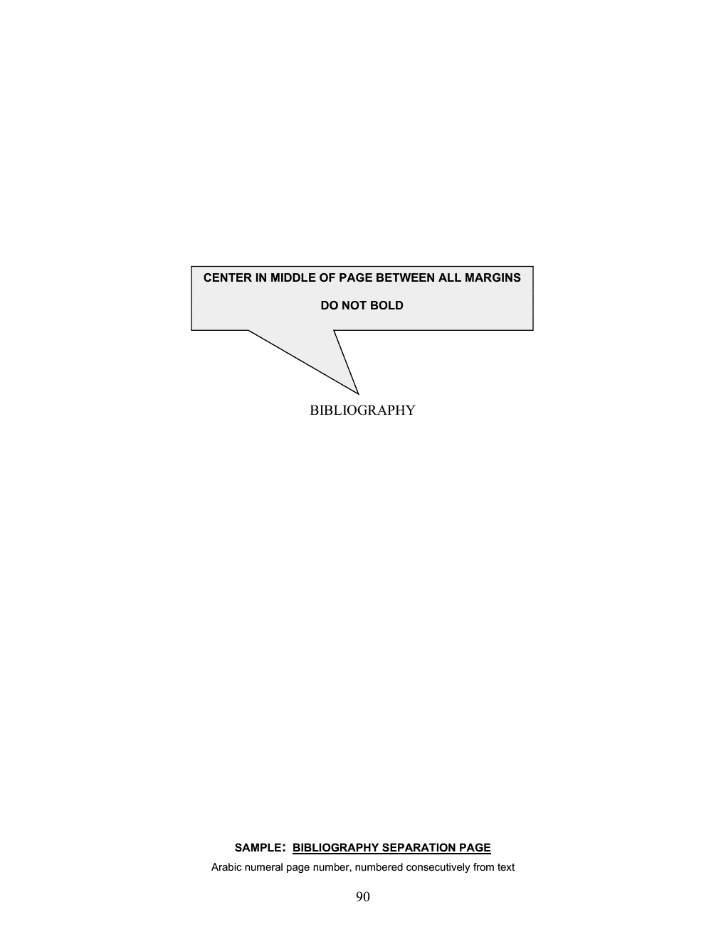 Annotated sample of the Bibliography Separation Page with callout instructions; the callouts are listed as text below the image.