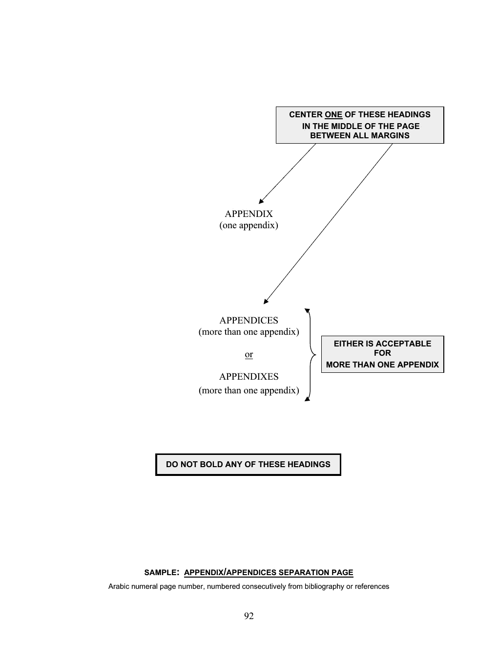 Annotated sample of the Appendix/Appendices Separation Page with callout instructions; the callouts are listed as text below the image.