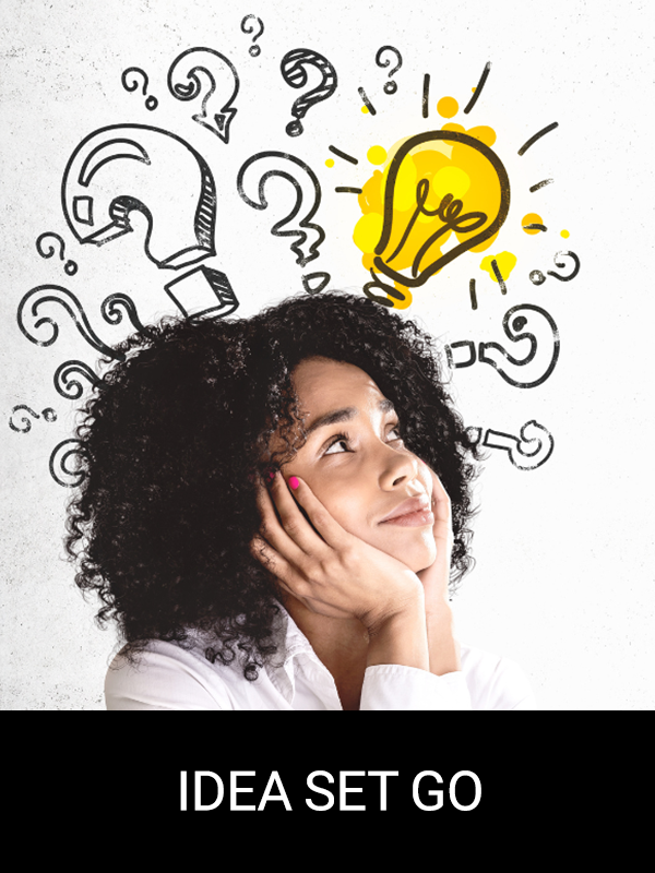 "Idea Set Go" A person sits with question marks and a lightbulb overhead.