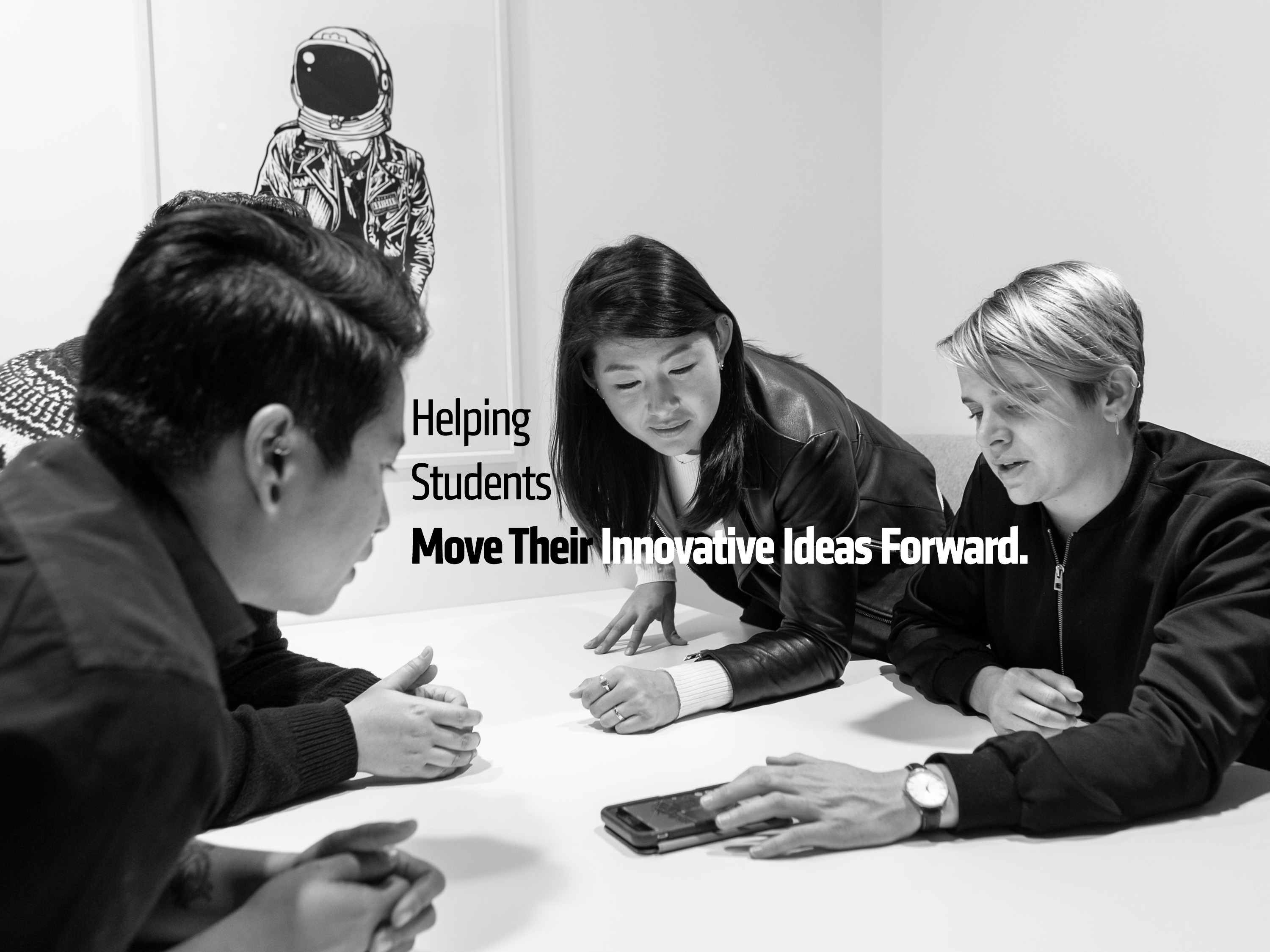 four students having a discussion with text overlaid saying "Helping Students Move Their Ideas Forward."