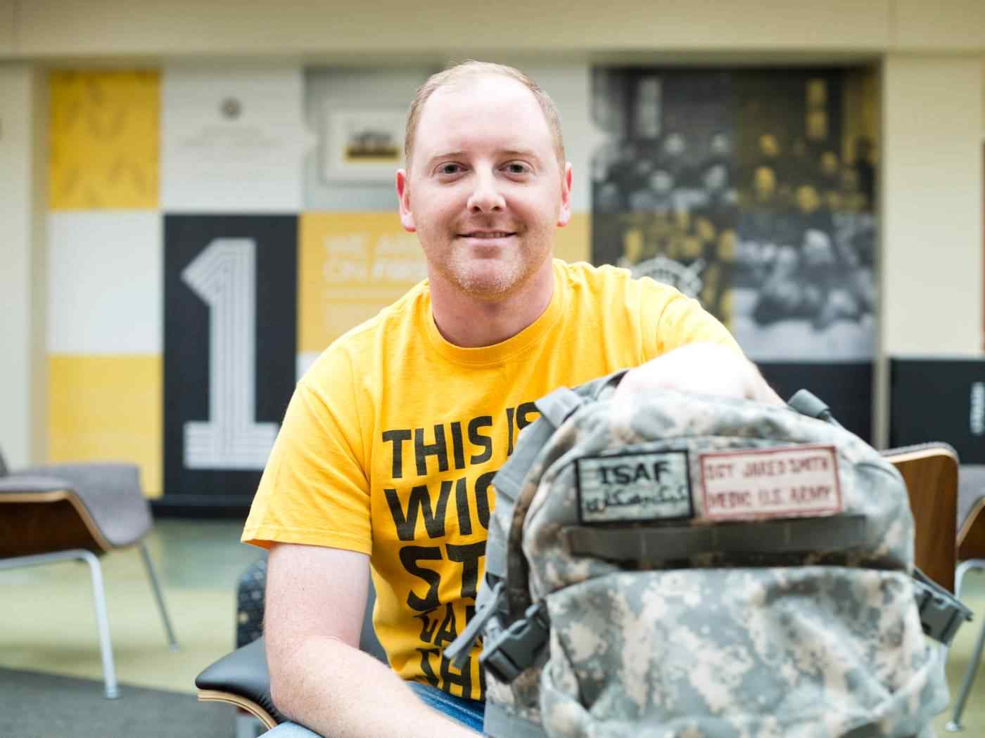 Military student in the Rhatigan Student Center