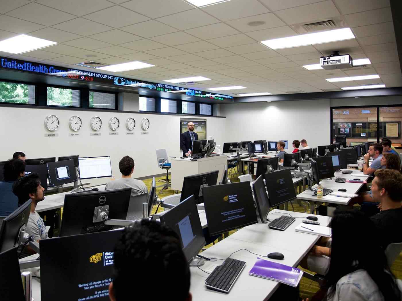 Wide classroom photo inside the Koch Trading Center.