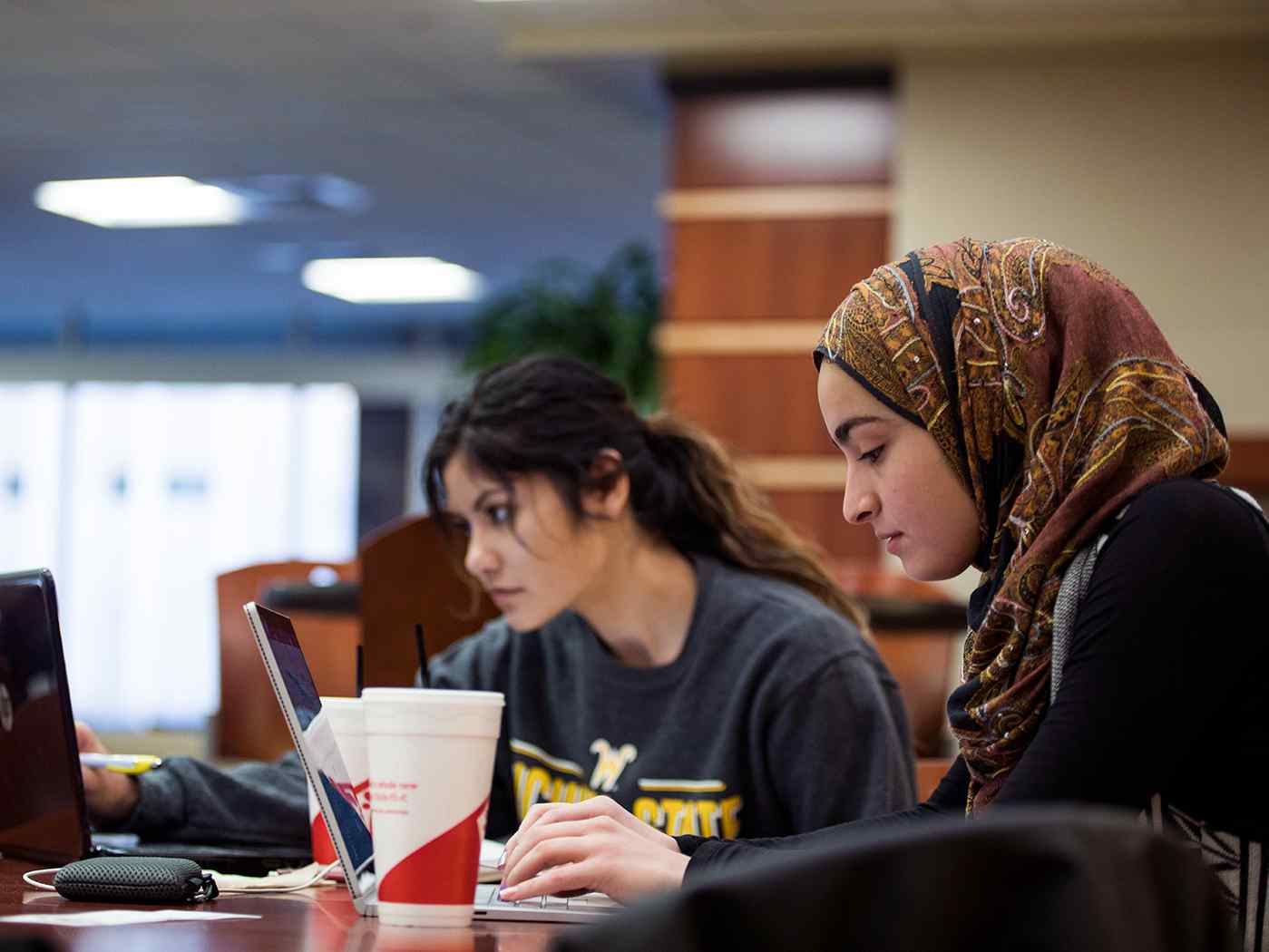 Sociology students working on projects on their computers. 