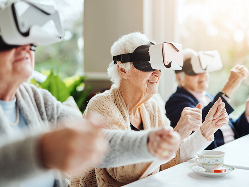 A group of clients use VR headsets