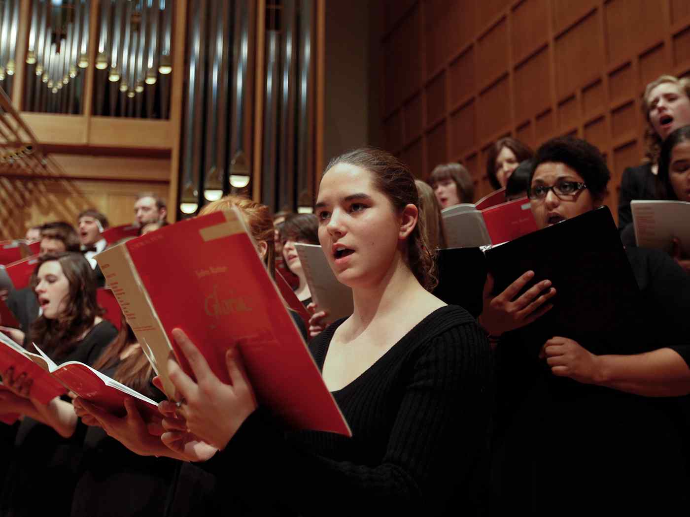 Vocal ensemble performs in Wiedemann Hall