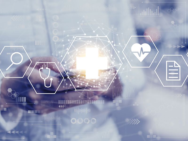 Decorative photoillustration depicting different icons used to represent medical professions