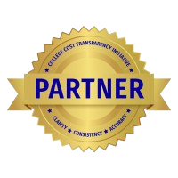 graphic is a gold seal with blue lettering that says College Cost Transparency Initiative Partner