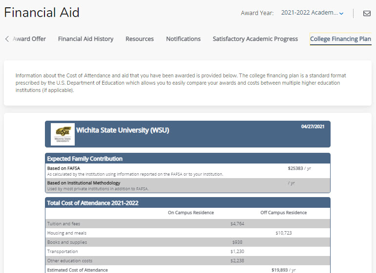 Screenshot of financial aid dashboard's college financing plan tab