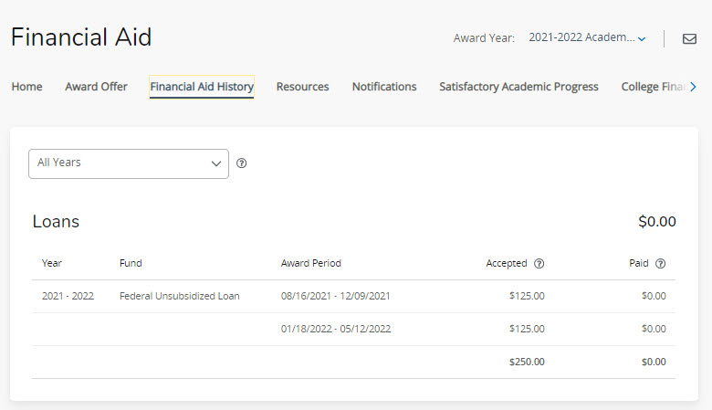 Screenshot of financial aid dashboard's history tab