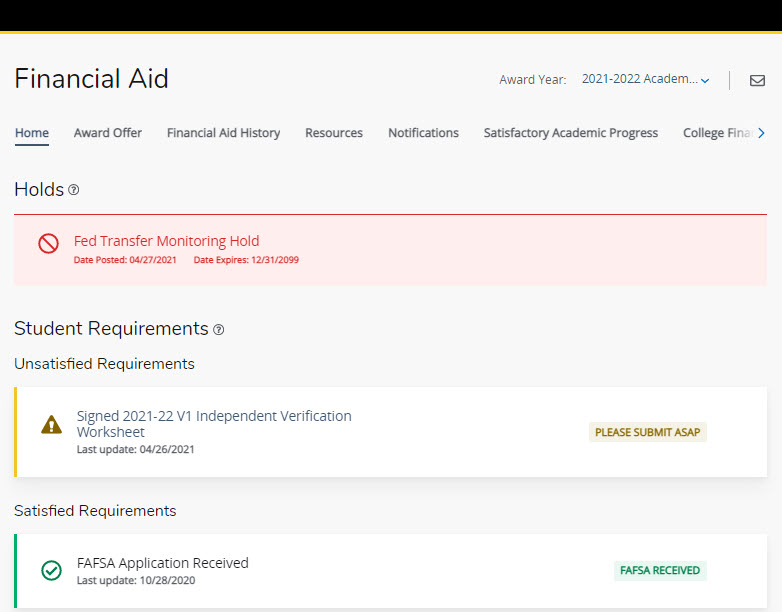 Screenshot of financial aid dashboard's home tab