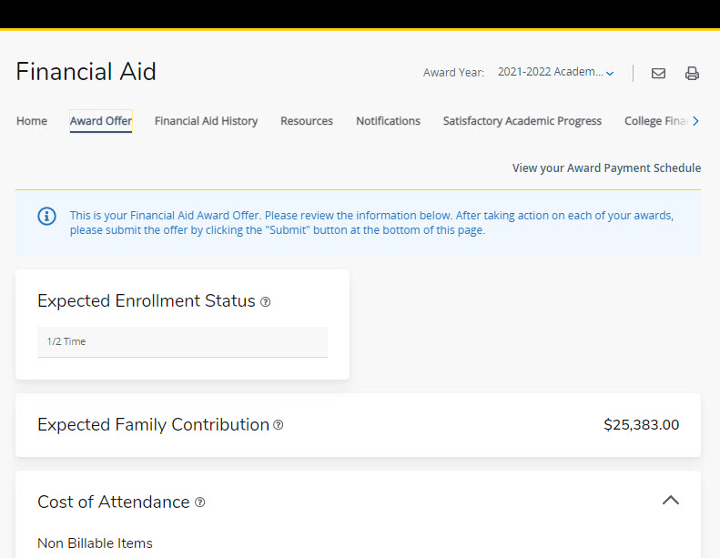 Screenshot of financial aid dashboard's award offer tab