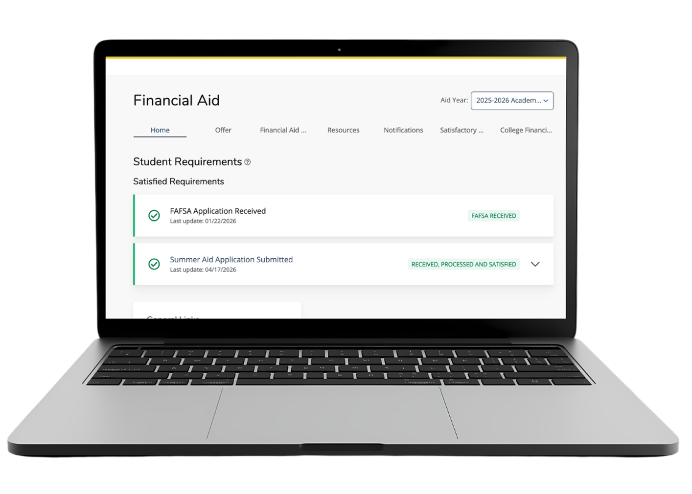 Financial Aid Dashboard on a laptop screen