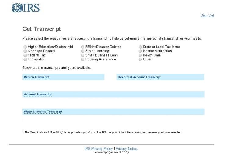 Picture of IRS website for types of transcripts
