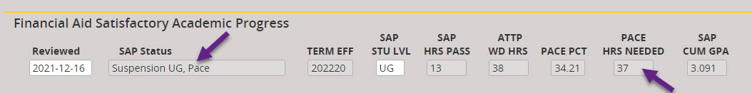 Screenclip of Banner SWIGSTU screen for SAP suspension