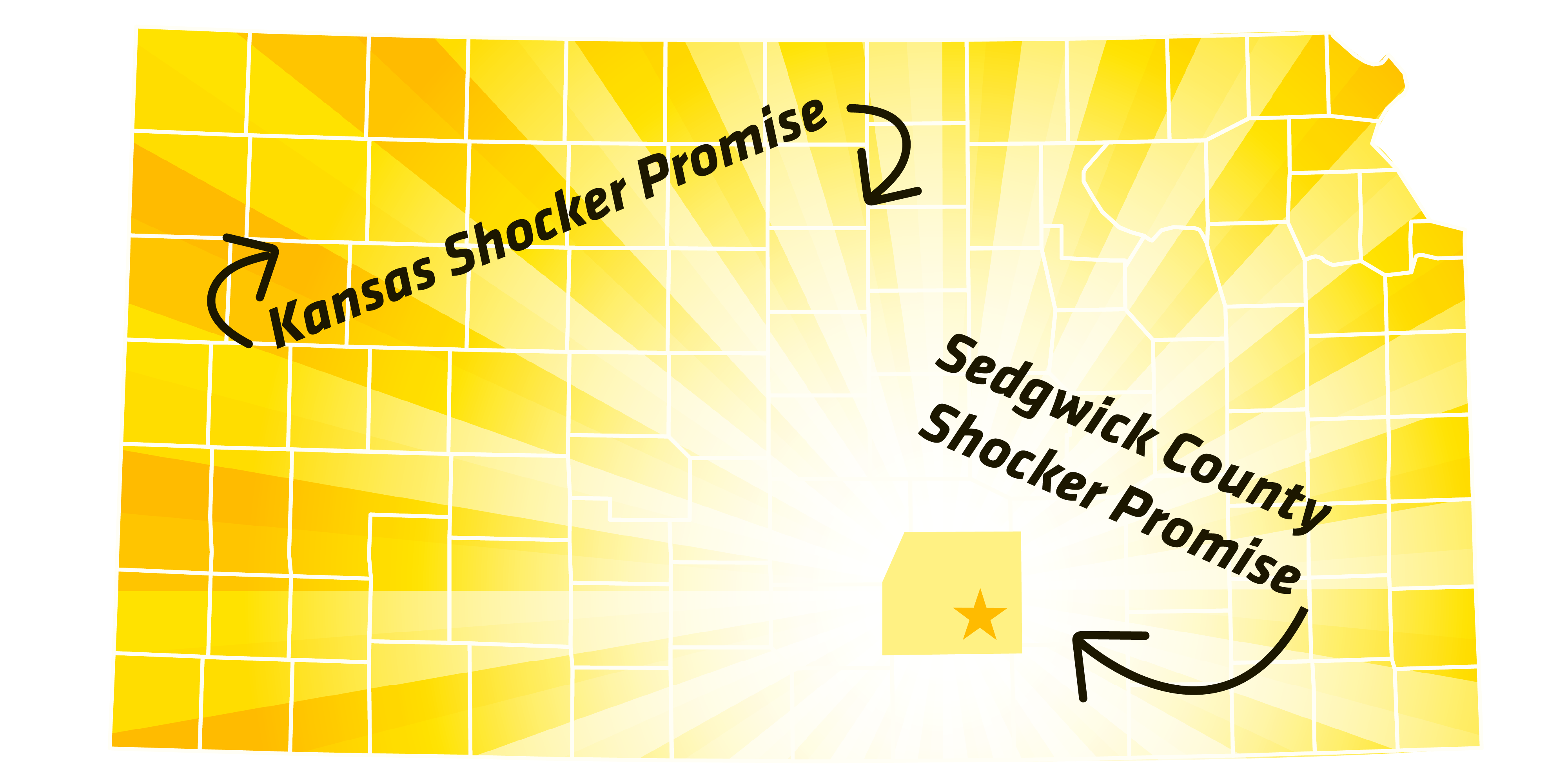 Graphic of the state of Kansas with it's counties marked. Text says "Kansas Shocker Promise" with arrows pointing to random counties. Another text box says "Sedgwick County Shocker Promise" with an arrow pointed at Sedgwick County.