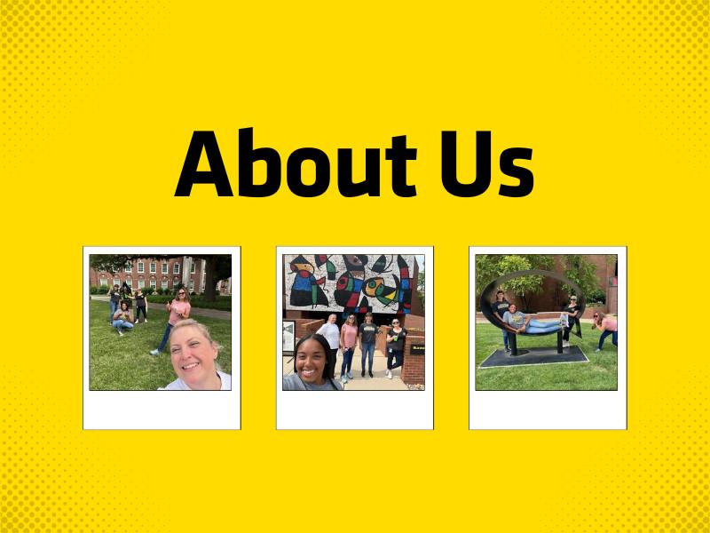 Decorative About Us header with photographs of staff