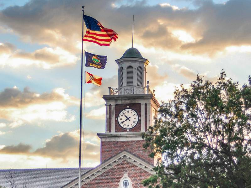 Morrison Hall with flags.