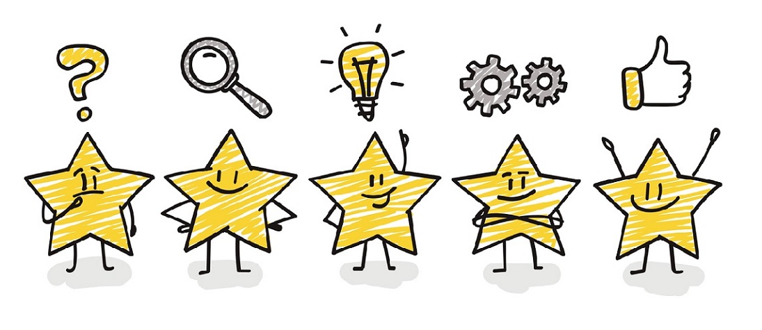 Five stars with icons.