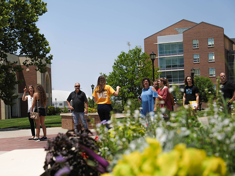 A group of students on a campus tour.