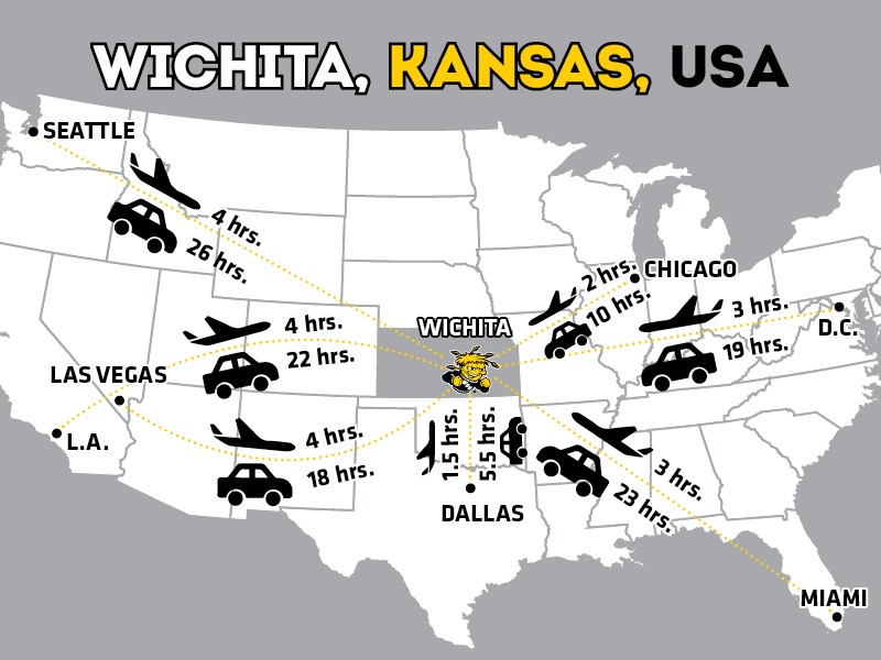 United States map showing travel distance by plane and car to Seattle, Las Vegas, Los Angeles, Dallas, Miami, Washington, D.C. and Chicago